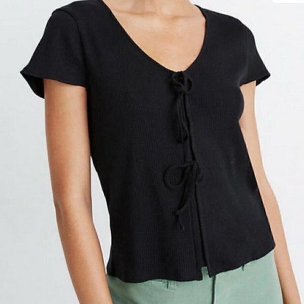 Madewell Ribbed Black Short Sleeve Top with Double Front Tie